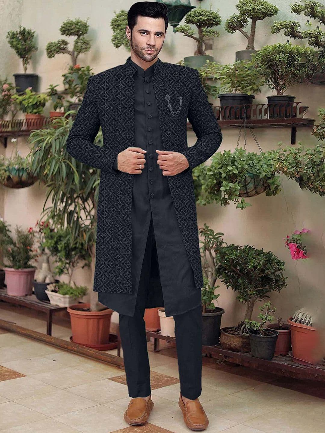 Utsav Fashion Men Embroidered Cotton Silk Sherwani and pant with Faux Georgette Jacket Set