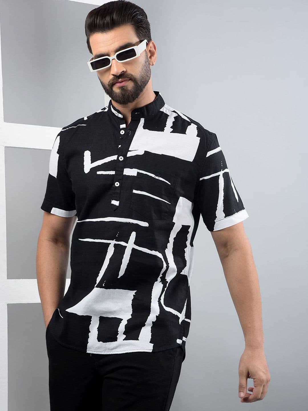 Crimsoune Club Abstract Printed Band Collar Pure Cotton Straight Kurta - view 1