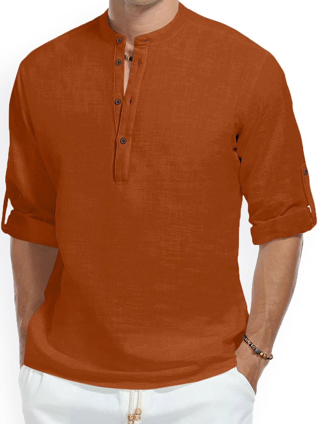 Fifth U Band Collar Roll-Up Sleeves Wrinkle Free Straight Short Kurta - view 1