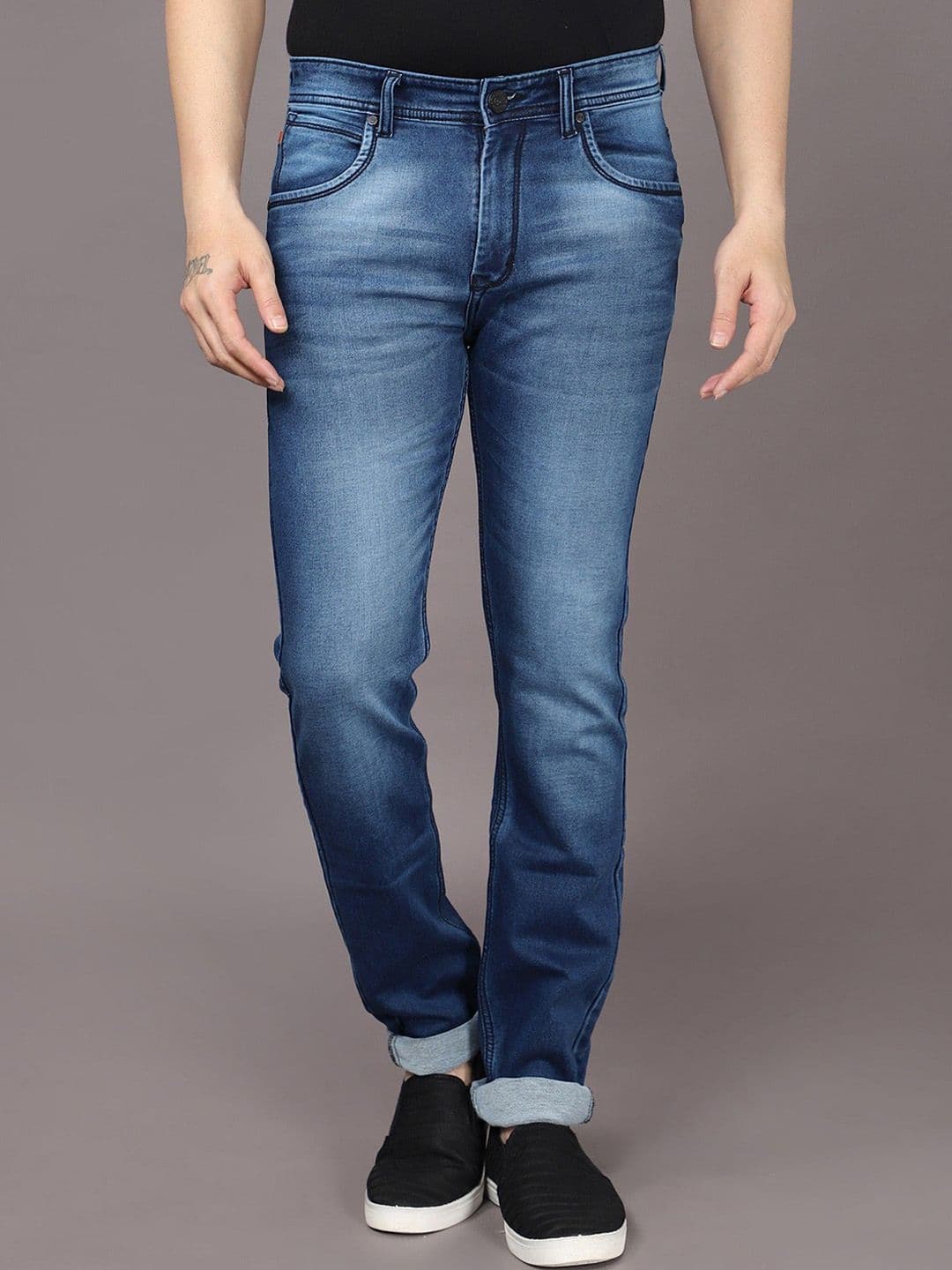 RJ Denim Men Narrow Regular Fit Mid-Rise Low Distress Heavy Fade Stretchable Jeans - view 1