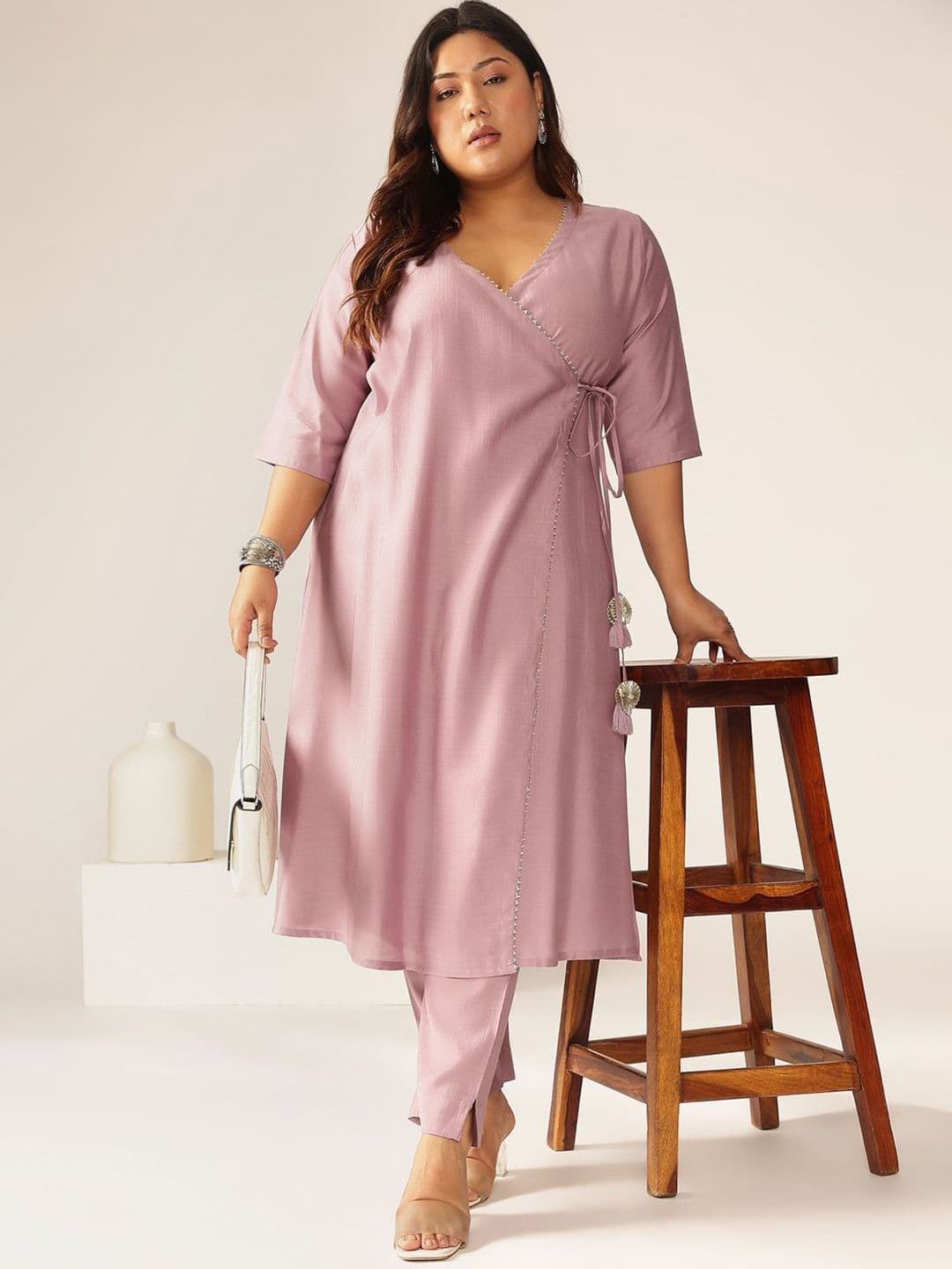 Janasya Women Plus Size Lavender Silk Blend Solid Angrakha A-Line Kurta Set - view 1