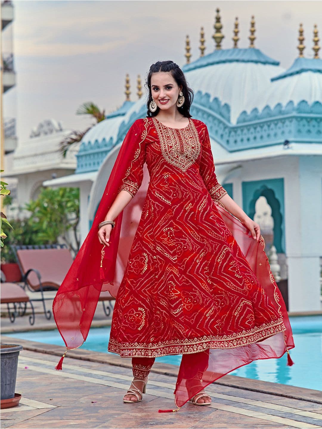 Berrylicious Bandhani Printed Zari Round Neck A-Line Kurta With Trousers & Dupatta - view 1