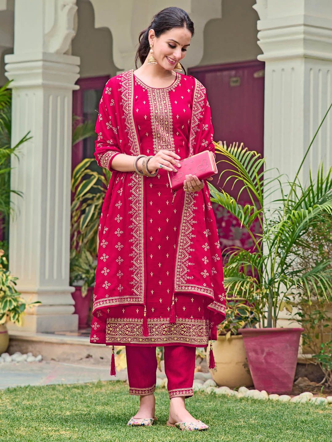 Berrylicious Floral Embroidered Zari Round Neck Straight Kurta With Trousers & Dupatta - view 1