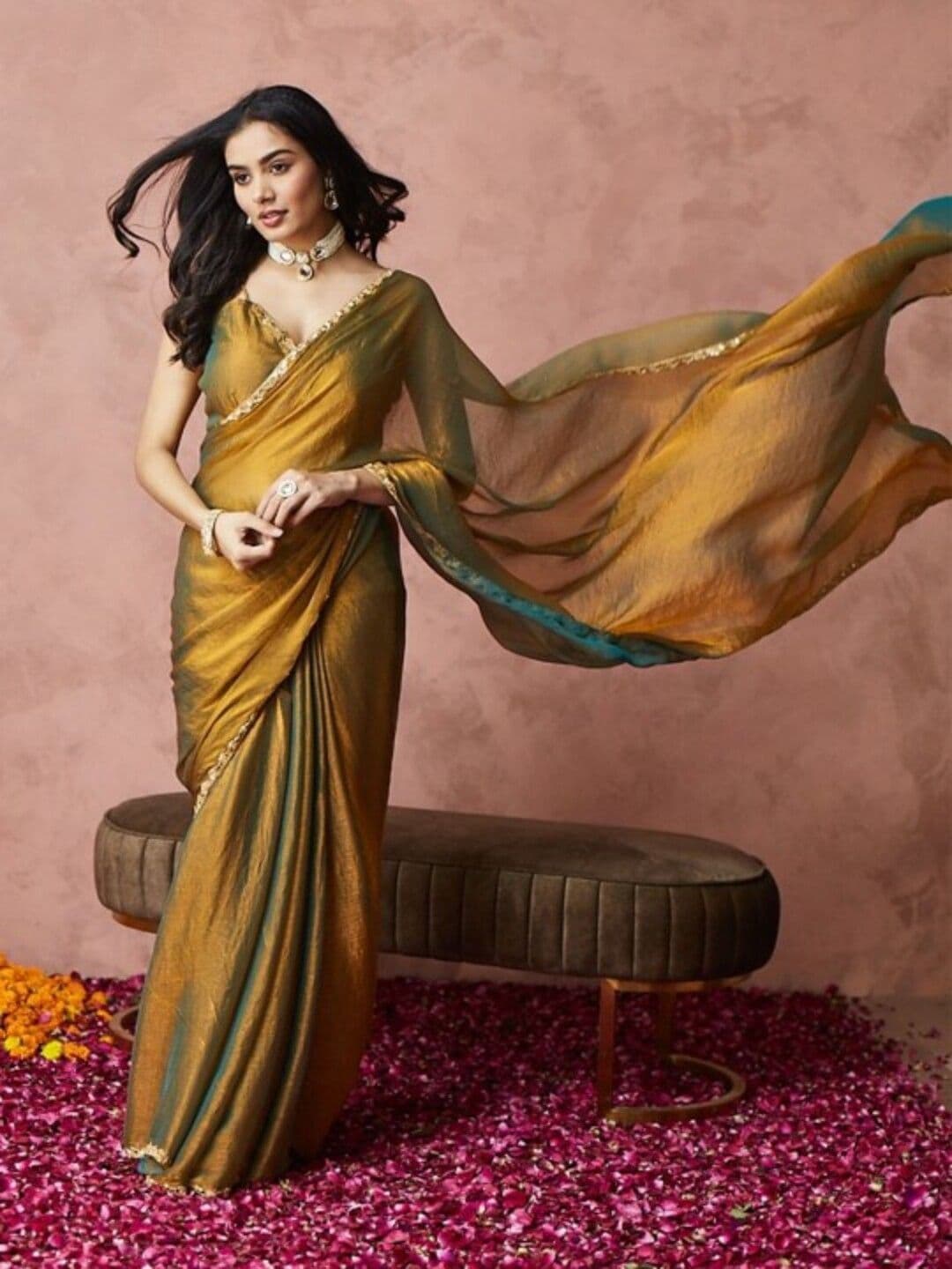 VRAGI Beads and Stones Pure Chiffon Ready to Wear Saree - view 1