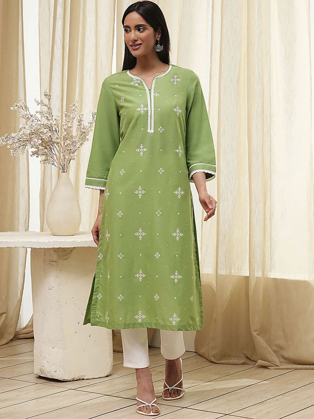 Biba Floral Printed Thread Work Cotton Straight Kurta - view 1