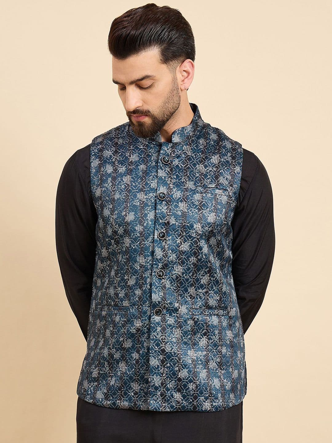 House of Pataudi Men Printed Woven Nehru Jacket - view 1