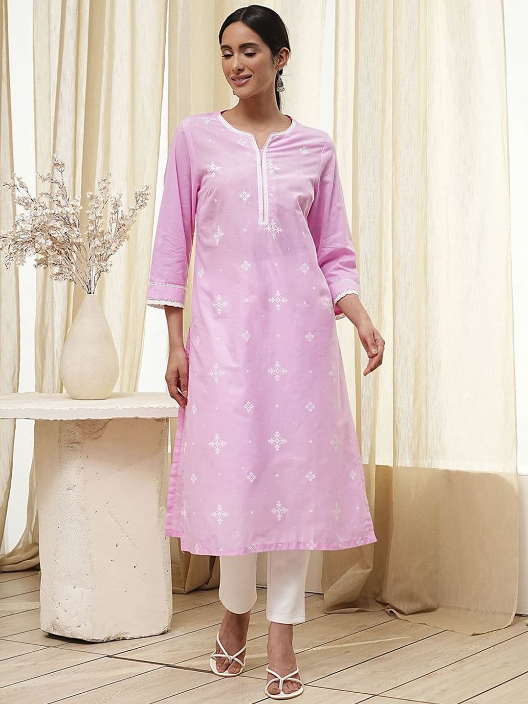 Biba Floral Printed Thread Work Cotton Straight Kurta - view 1