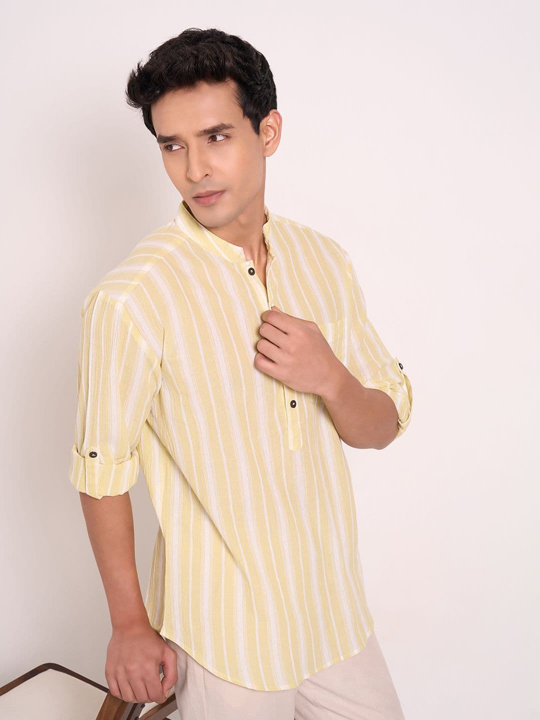 indus route by Pantaloons Striped Printed Mandarin Collar Cotton Straight Kurta - view 1