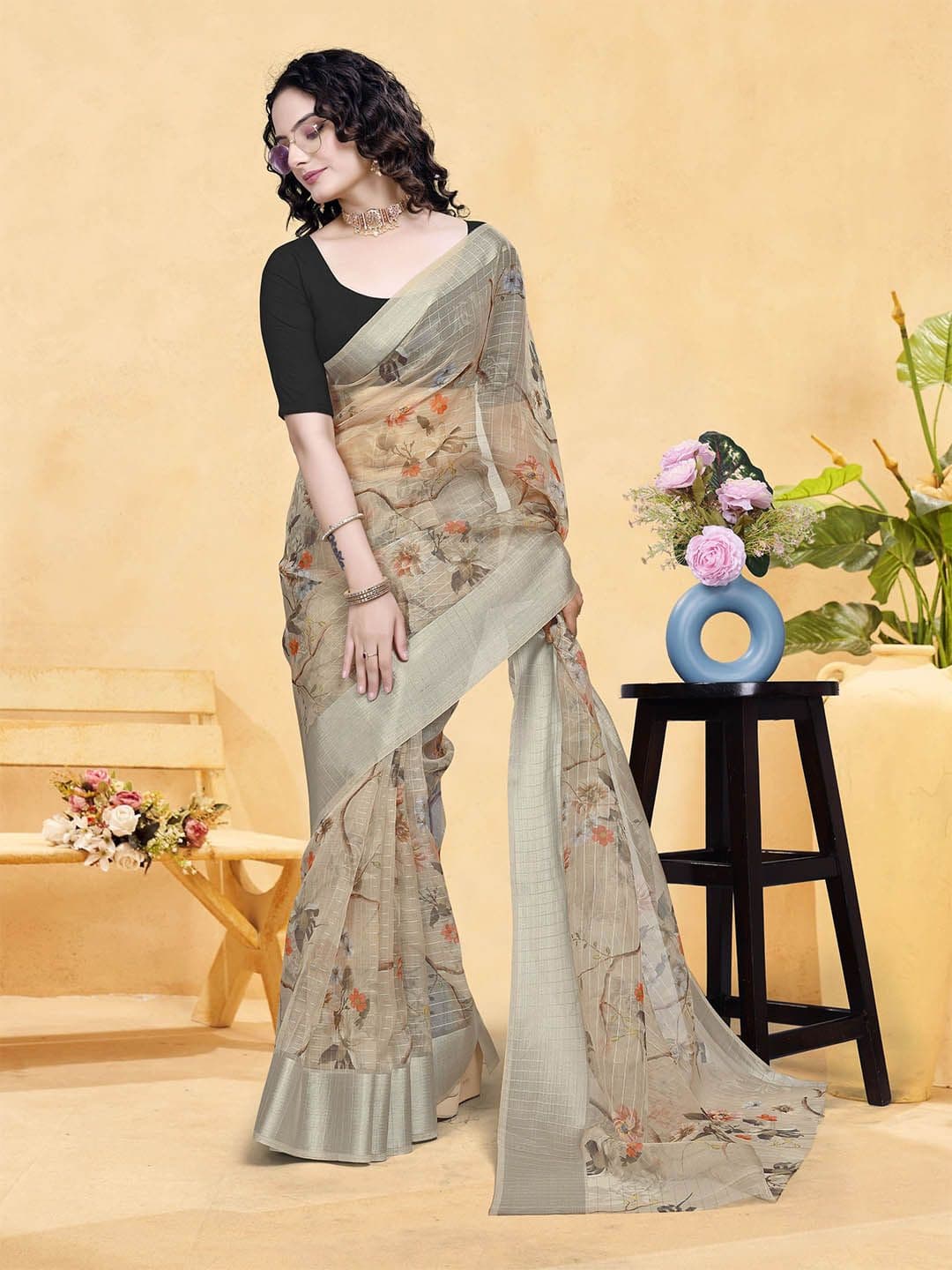 Sidhidata Bandhani Floral Printed Zari Saree With Unstitched Blouse Piece - view 1