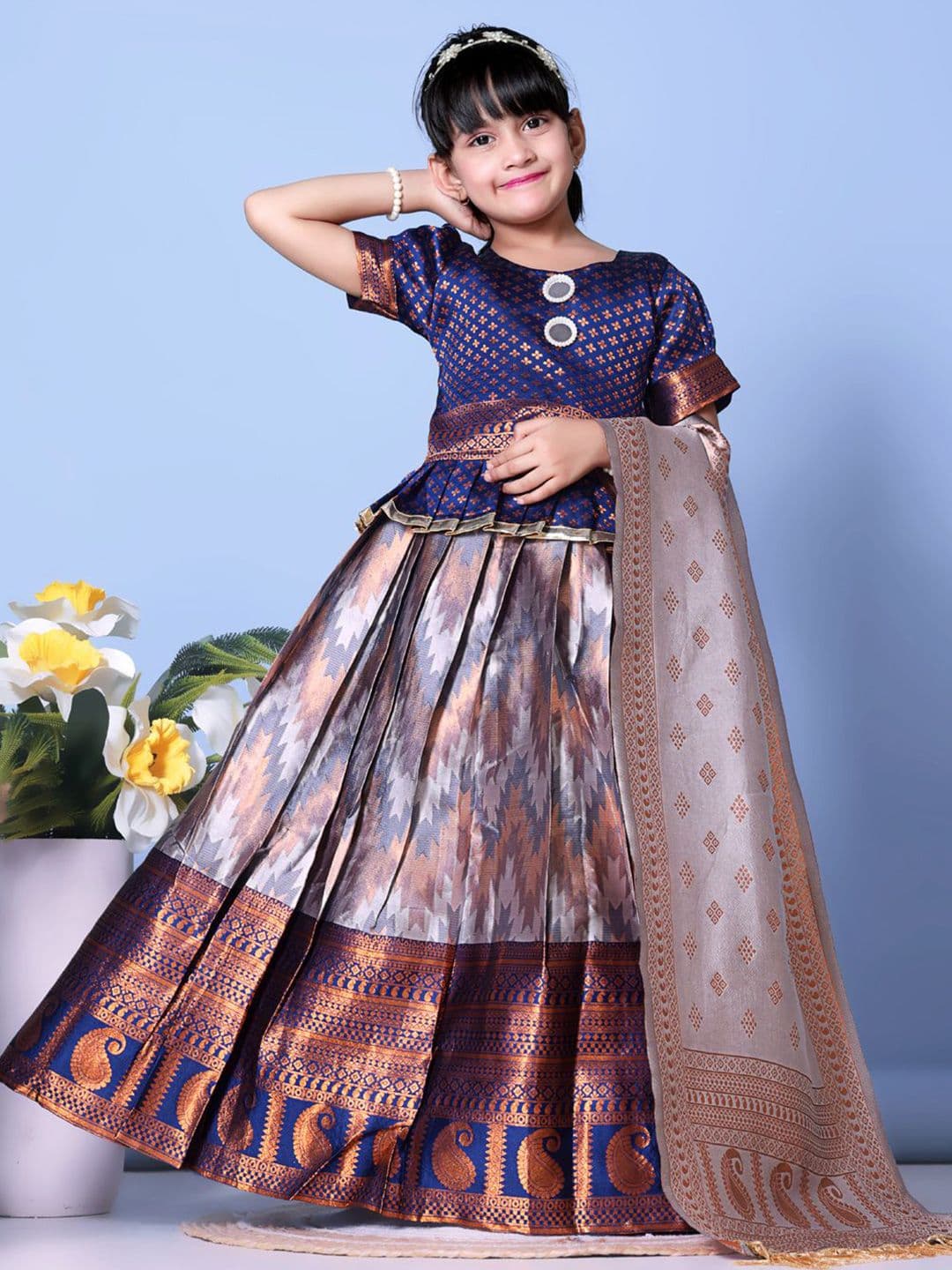 BAESD Girls Woven Design Mirror Work Ready to Wear Lehenga & Blouse With Dupatta - view 1
