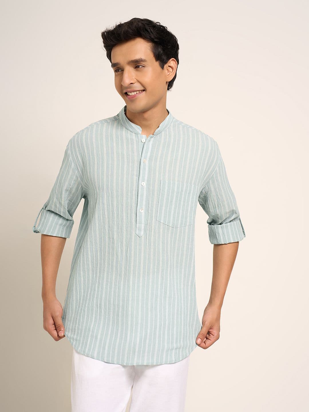 indus route by Pantaloons Striped Printed Mandarin Collar Straight Kurta - view 1