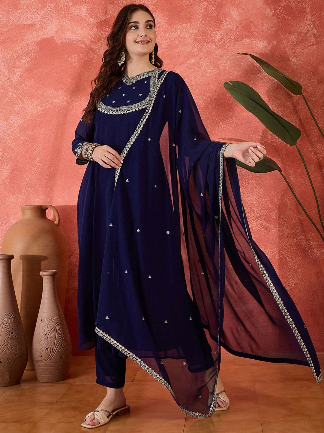 Sangria Floral Embroidered Georgette Zari Pleated A-Line Kurta With Trouser And Dupatta - view 1