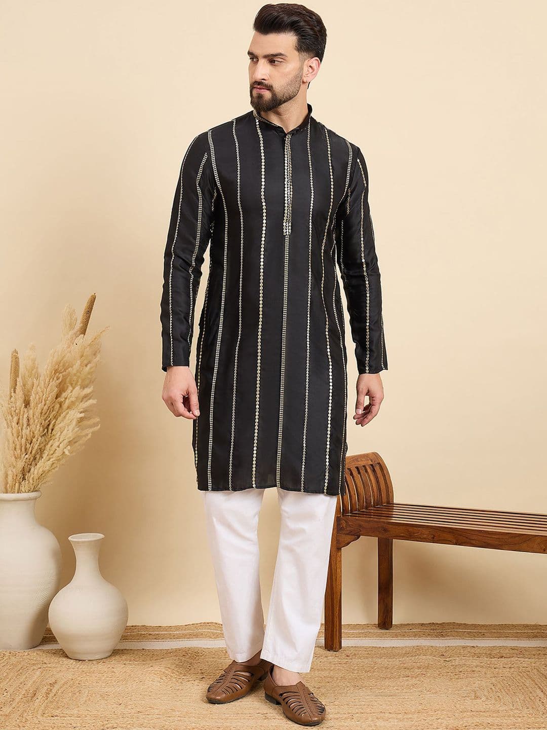 House of Pataudi Sequinnce Embellished Mandarin Collar Straight Chanderi Silk Kurta - view 1