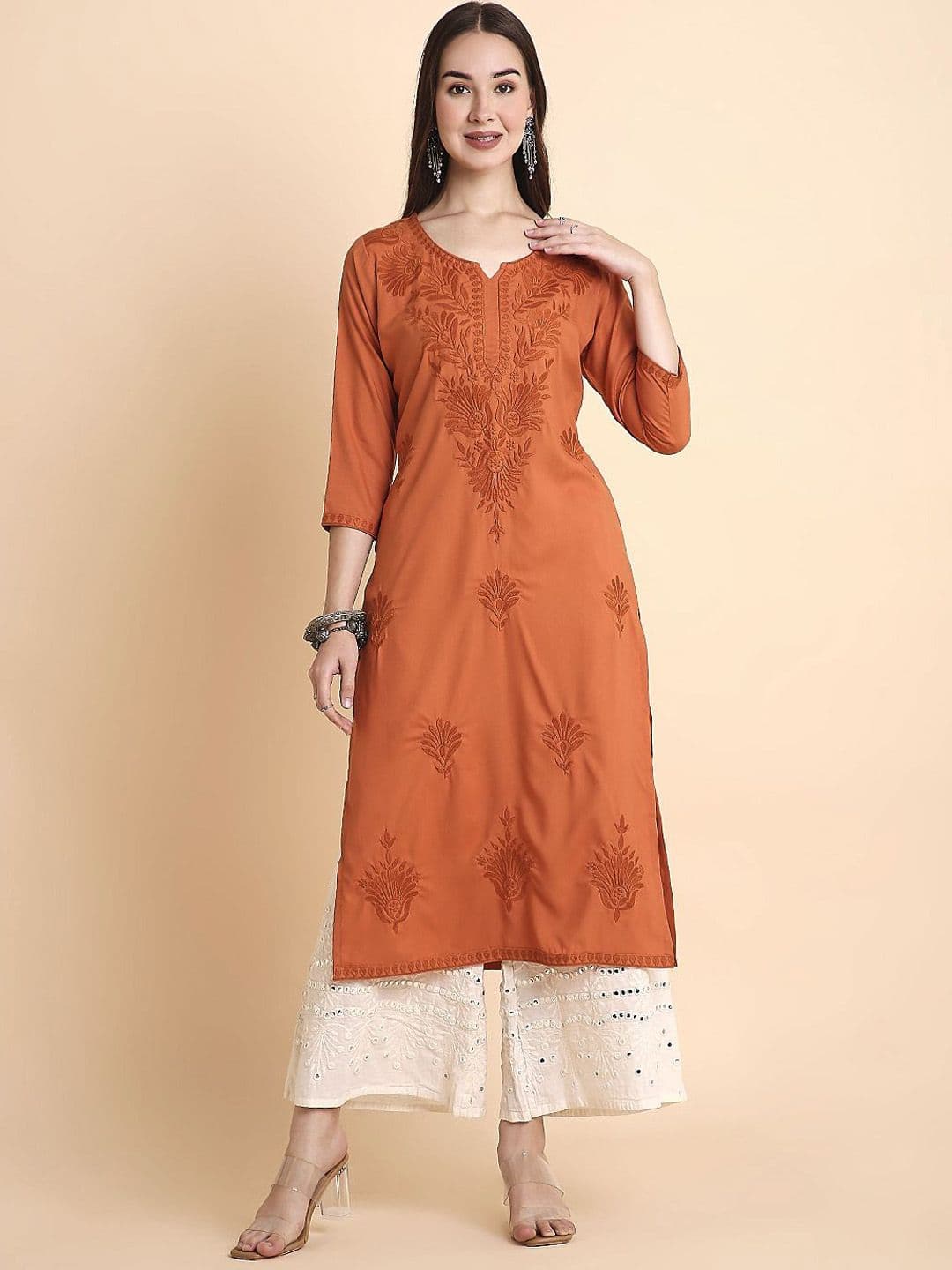 RATAN Women Rayon Chikankari Embroidered Kurta - view 1