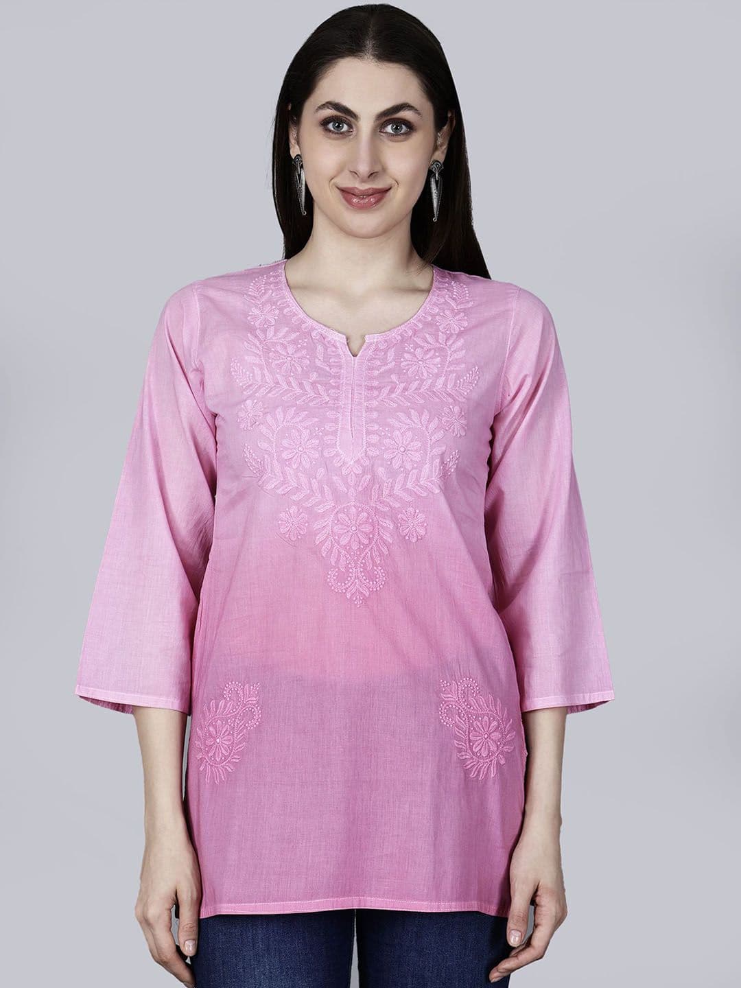 NAZAQAT ETHNIC INDIA Floral Embroidered Notch Neck Chikankari Cotton Straight Short Kurta - view 1