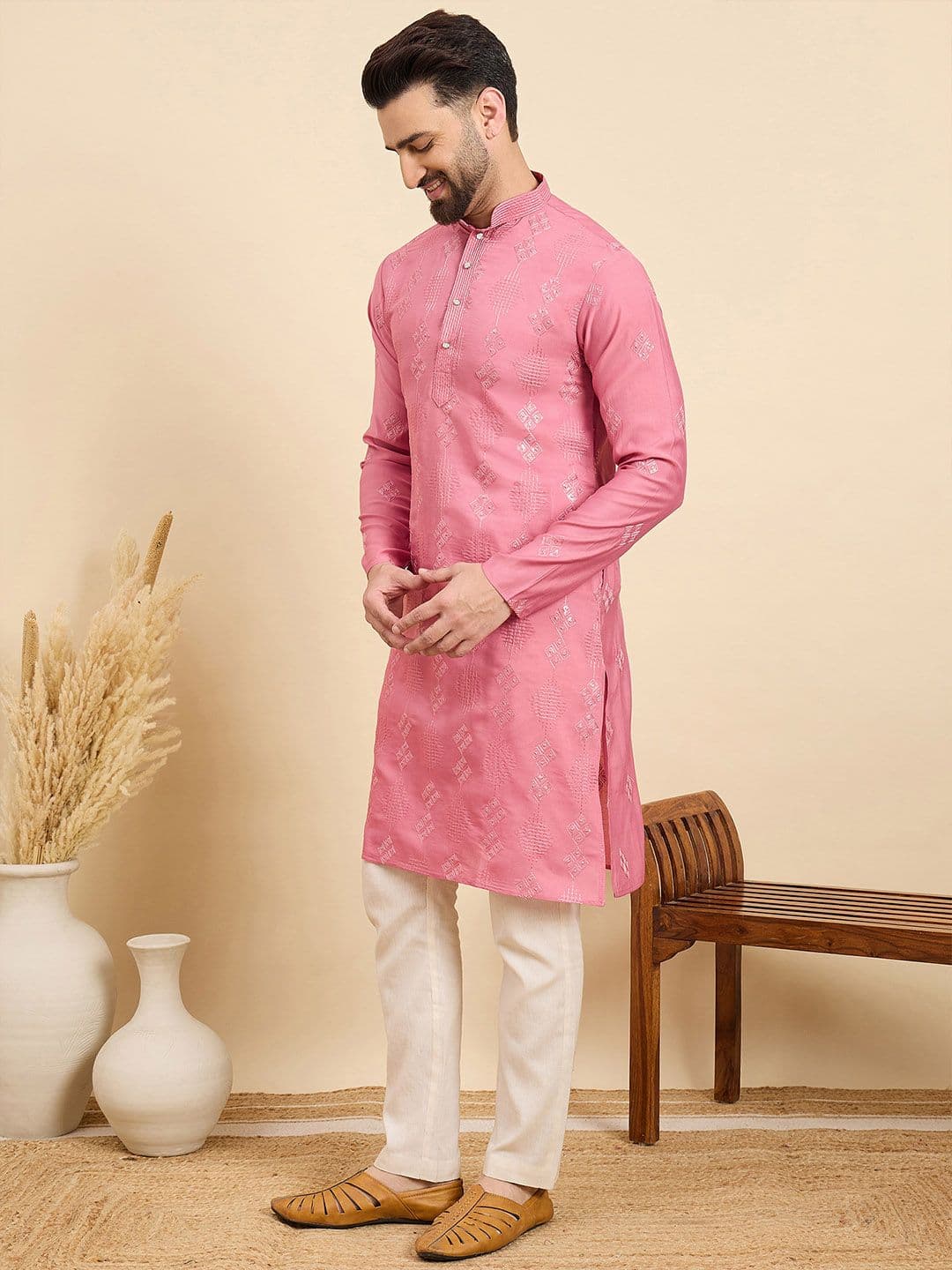 House of Pataudi Geometric Sequinned Mandarin Collar Chanderi Silk Straight Kurta - view 1