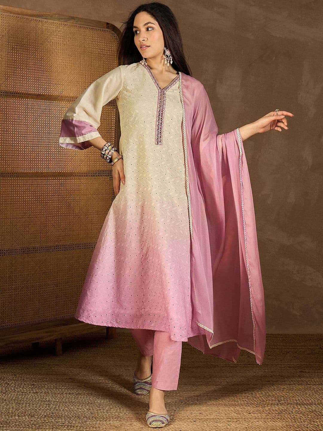 Inddus Ombre Dyed V Neck Chikankari A-Line Kurta With Trousers & Dupatta - view 1