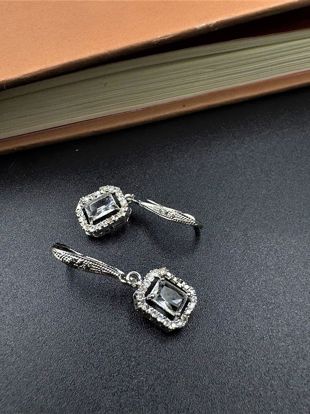 AKLINA Rhodium-Plated American Diamond Studded Square Shaped Studs - view 1
