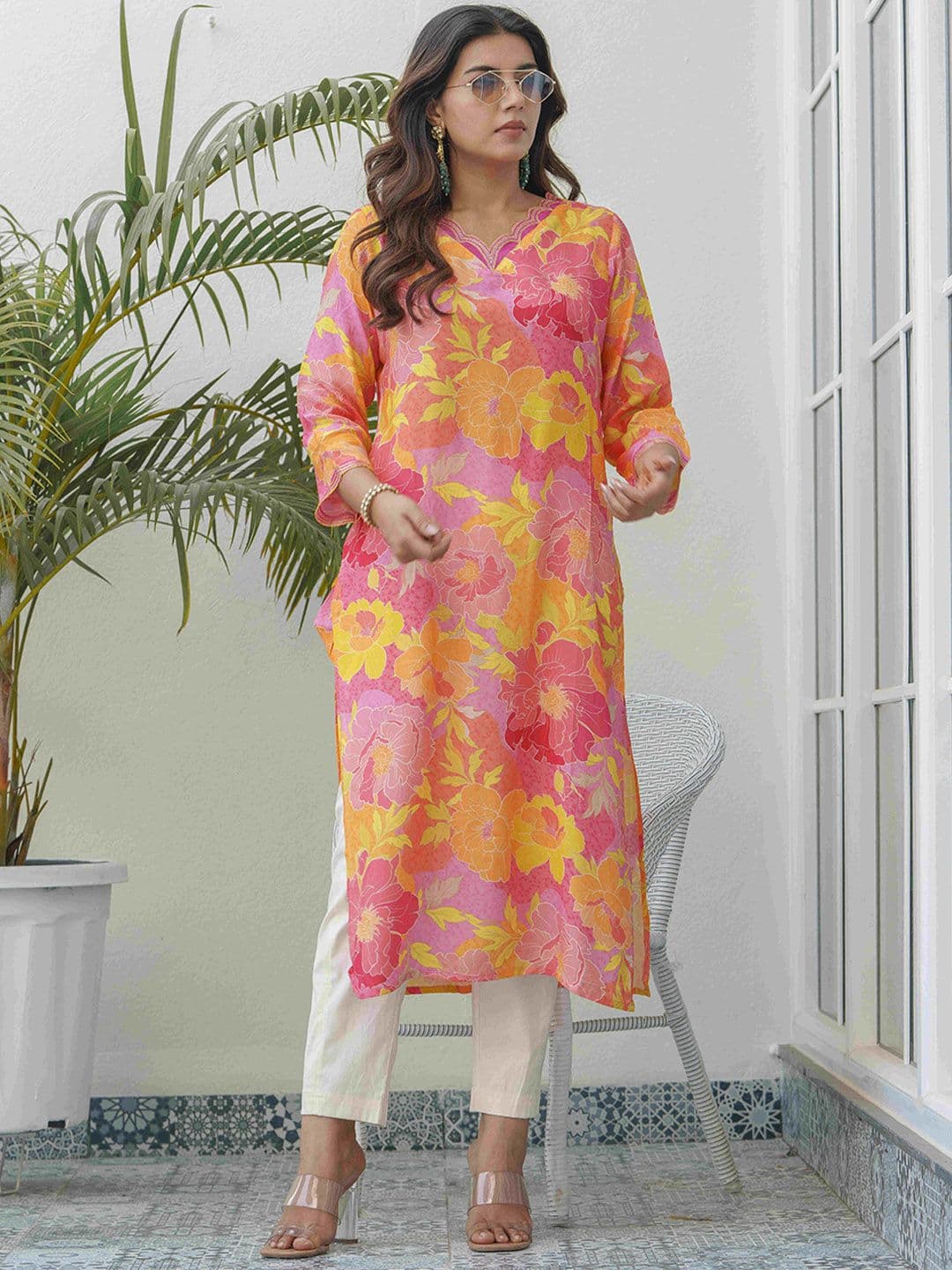 Sangria Floral Printed V Neck Muslin Straight Kurta - view 1
