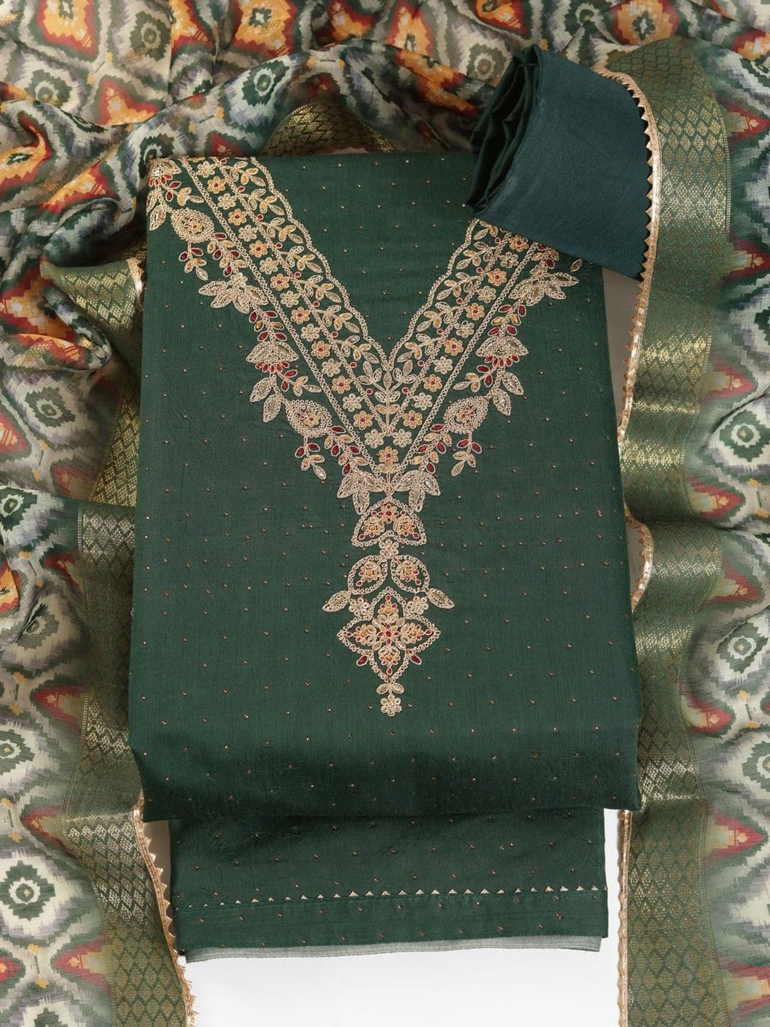 TAVAS Embroidered Chanderi Cotton Unstitched Dress Material - view 1