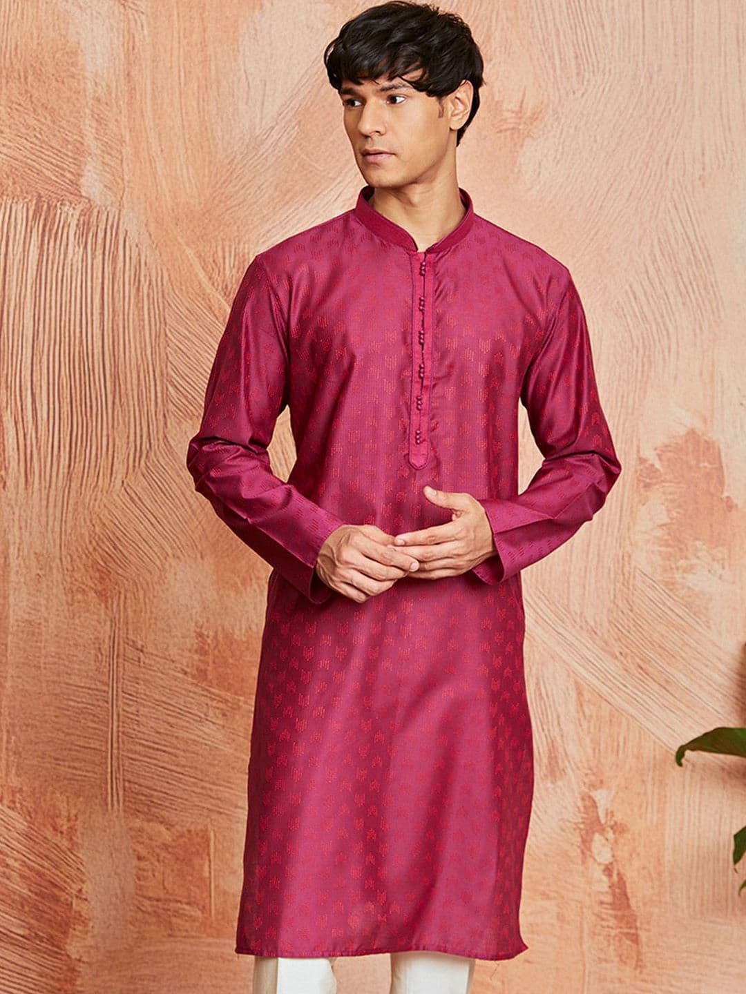 VASTRAMAY Abstract Woven Design Mandarin Collar Jacquard Silk Straight Kurta - view 1