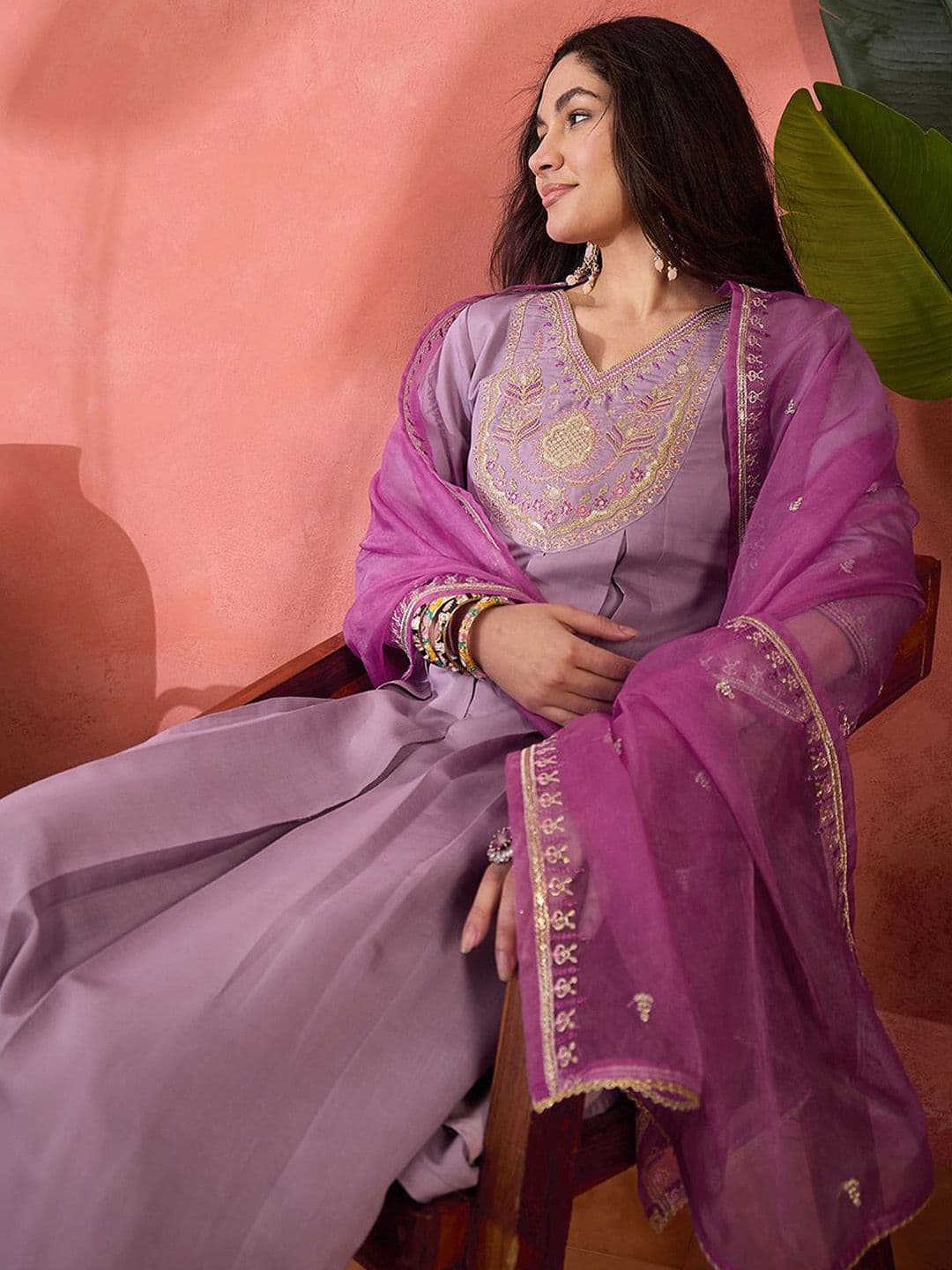 Sangria Embroidered Zari Sequence Kurta With Trousers & Dupatta - view 1