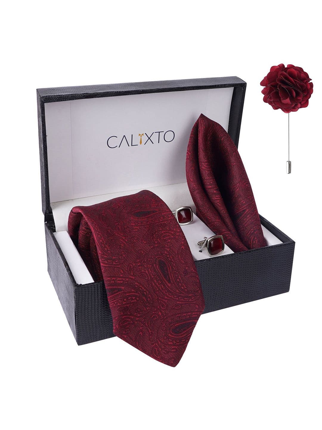CALIXTO Men Set Of 4 Tie, Cufflinks, Pocket Square Accessory Gift Set
