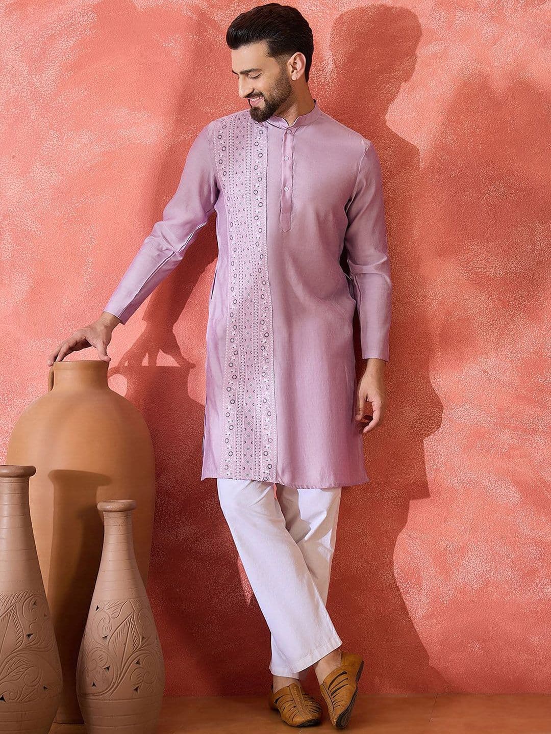 Sangria Floral Embroidered Thread Work Mandarin Collar Silk Straight Kurta - view 1