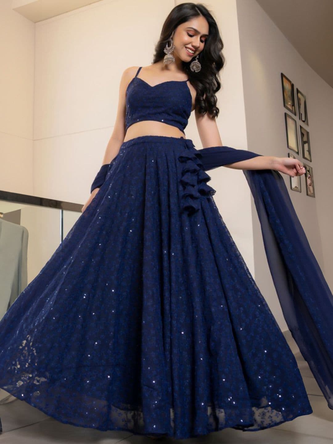 HOUSE OF JAMOTI Chikankari Twilight Sequinned Lehenga Choli With Dupatta - view 1