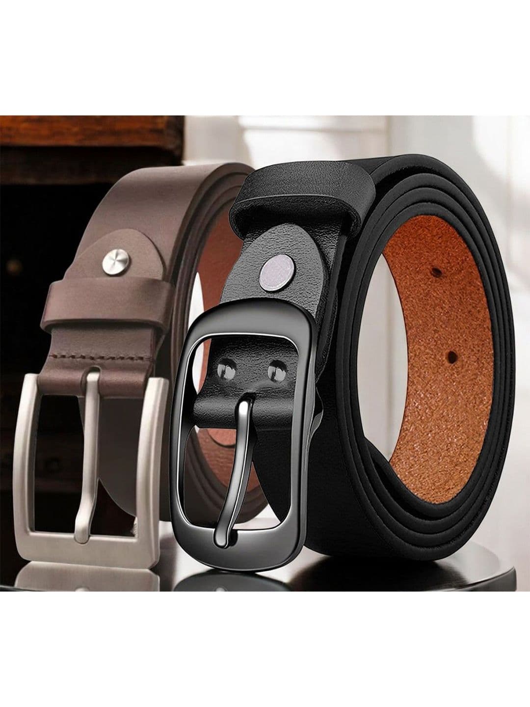 Roadster BELT Men Set Of 2 Textured Leather Formal Belts
