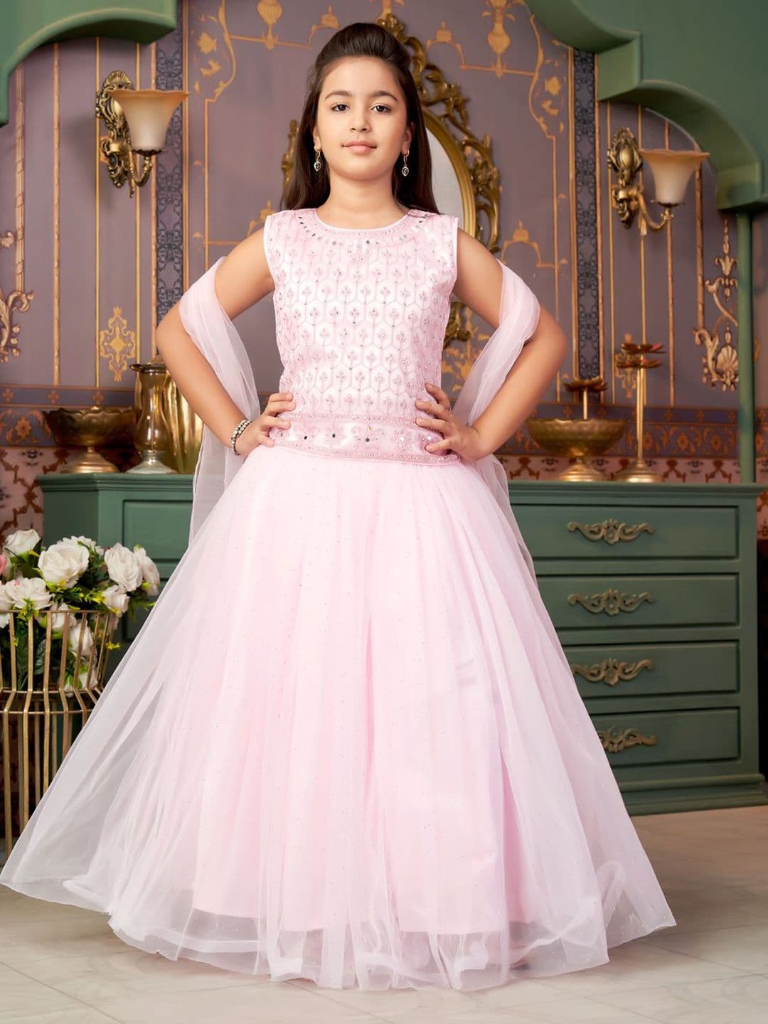 Sangria Girls Mirror Embroidered Net Lehenga Choli With Dupatta - view 1