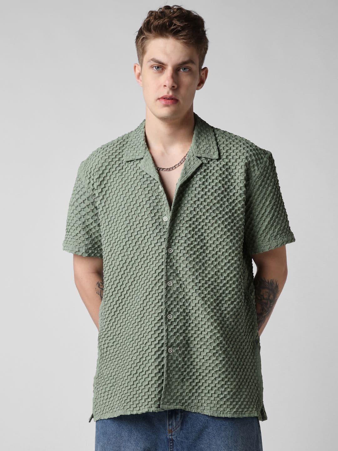 VASTRADO Men Classic Oversized Fit Cuban Collar Textured Casual Shirt - view 1