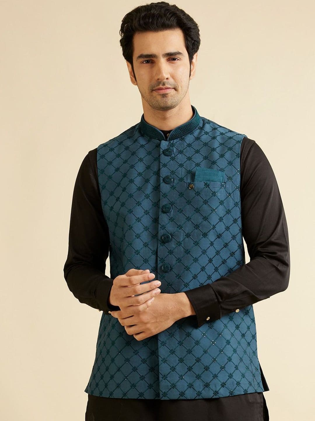 Manyavar Embroidered Woven Nehru Jacket - view 1