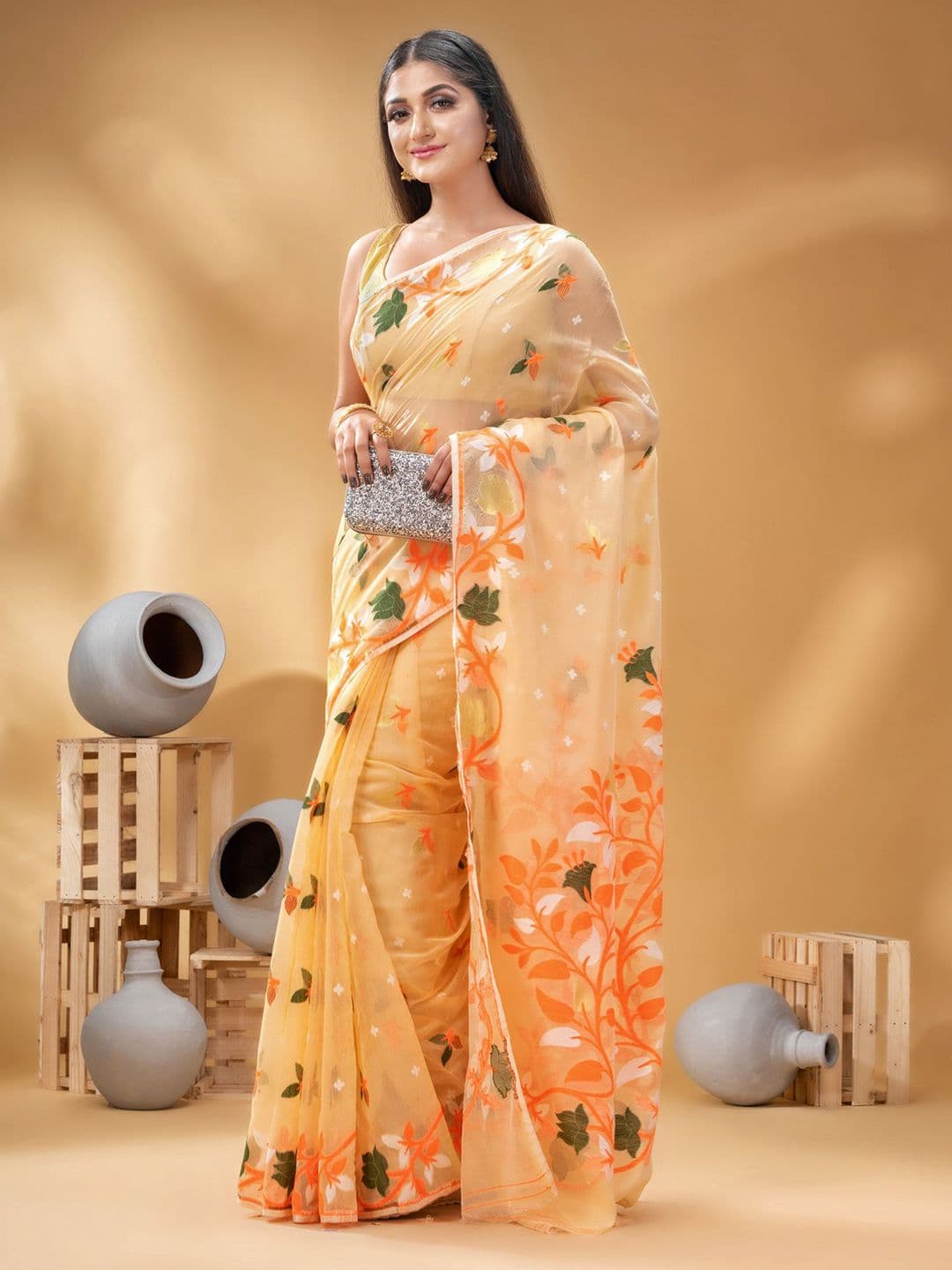 DESH BIDESH Woven Design Zari Cotton Jamdani Saree - view 1
