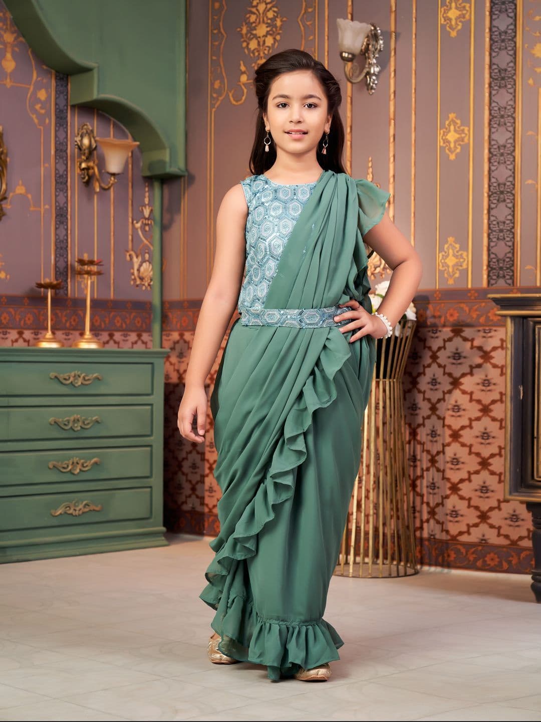 BAESD Girls Floral Embroidered Ready to Wear Georgette Lehenga & Blouse Attached Dupatta - view 1