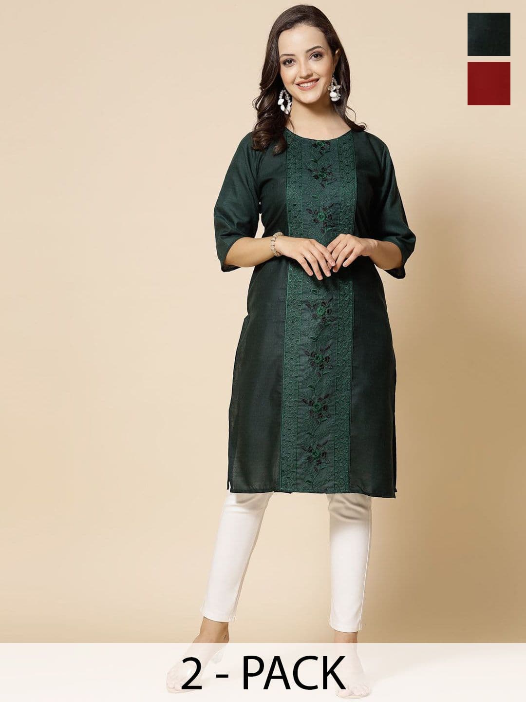 Moda RapidoSelection Of 2 Floral Embroidered Boat Neck Pure Cotton Sleeves Kurtas - view 1