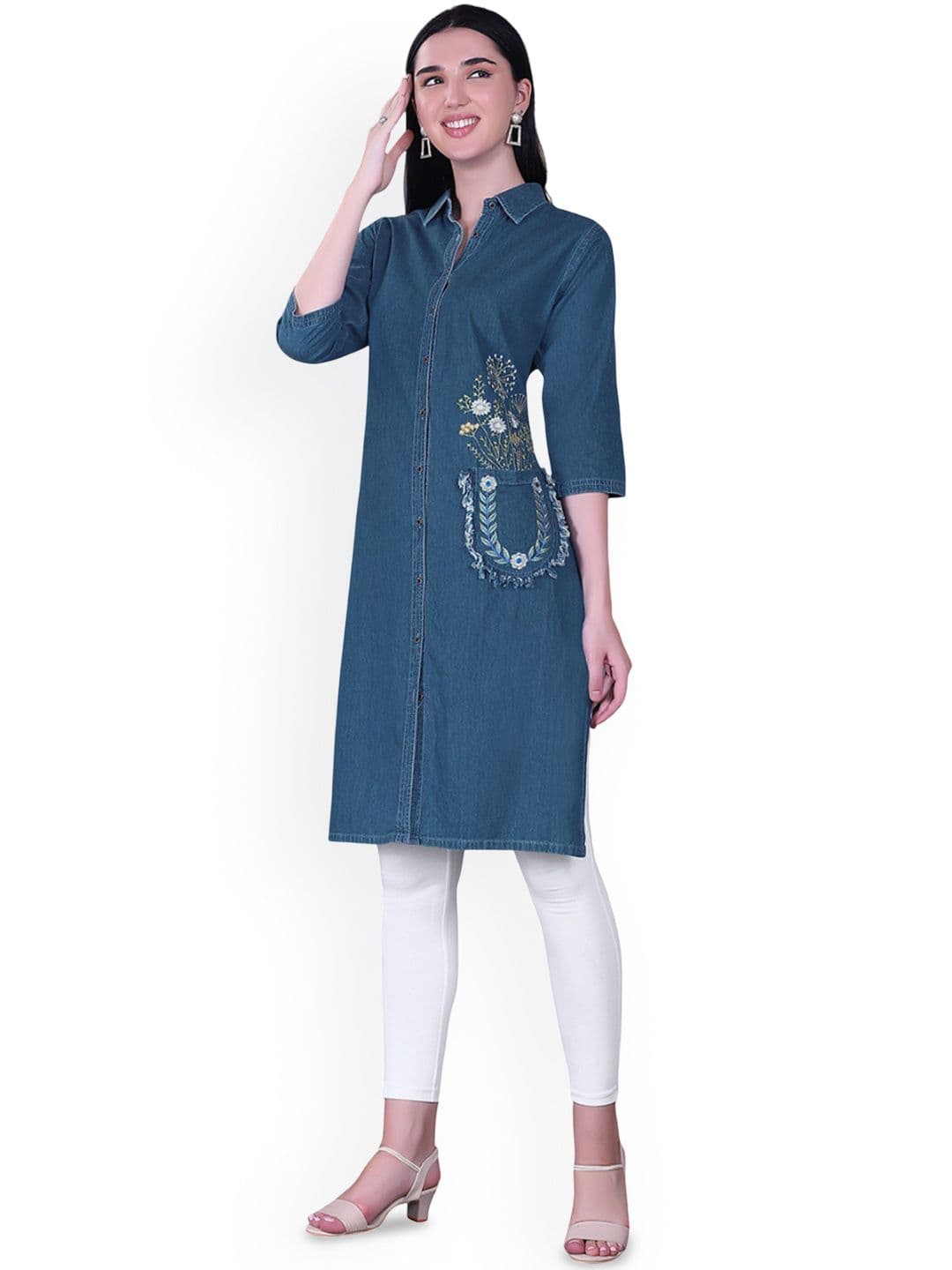 CEFALU Floral Embroidered Shirt Collar Thread Work Denim Straight Kurta - view 1
