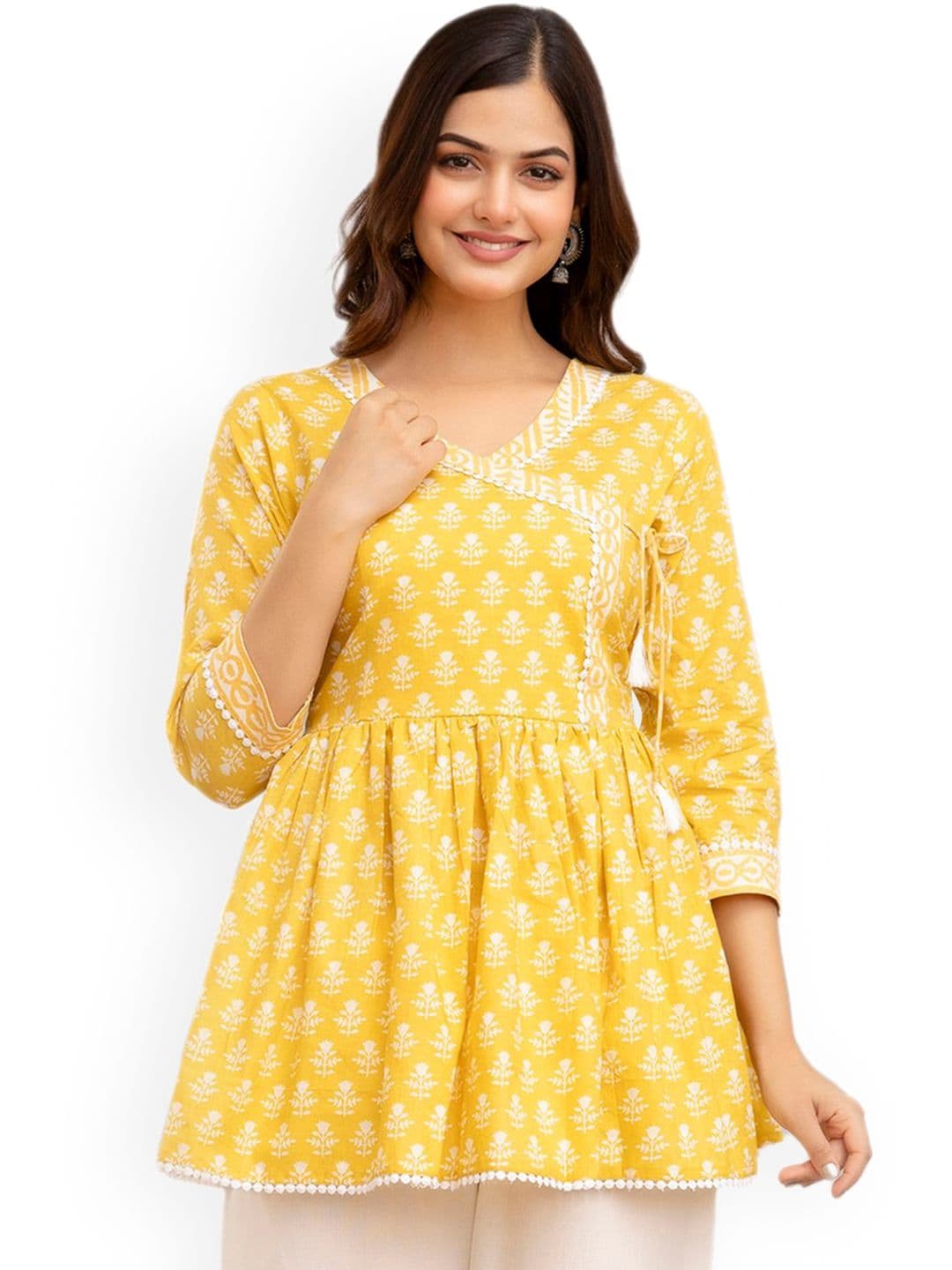 DMP FASHION Floral Printed V-Neck Pure Cotton Angrakha Peplum A-Line Kurti - view 1