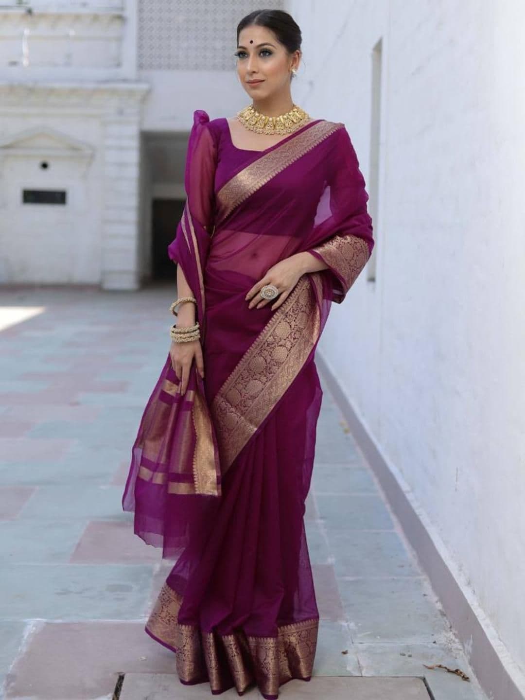 KALINI Woven Design Zari Kanjeevaram Saree With Unstitched Blouse Piece - view 1