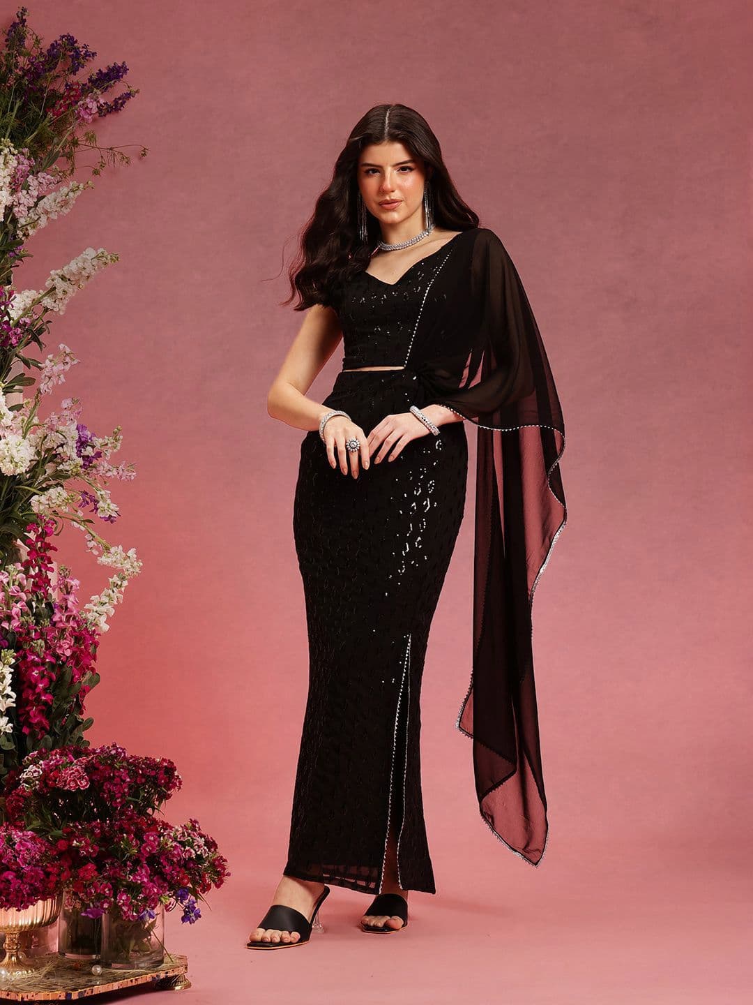 indo street Embellished Ready to Wear Draped Saree & Blouse - view 1