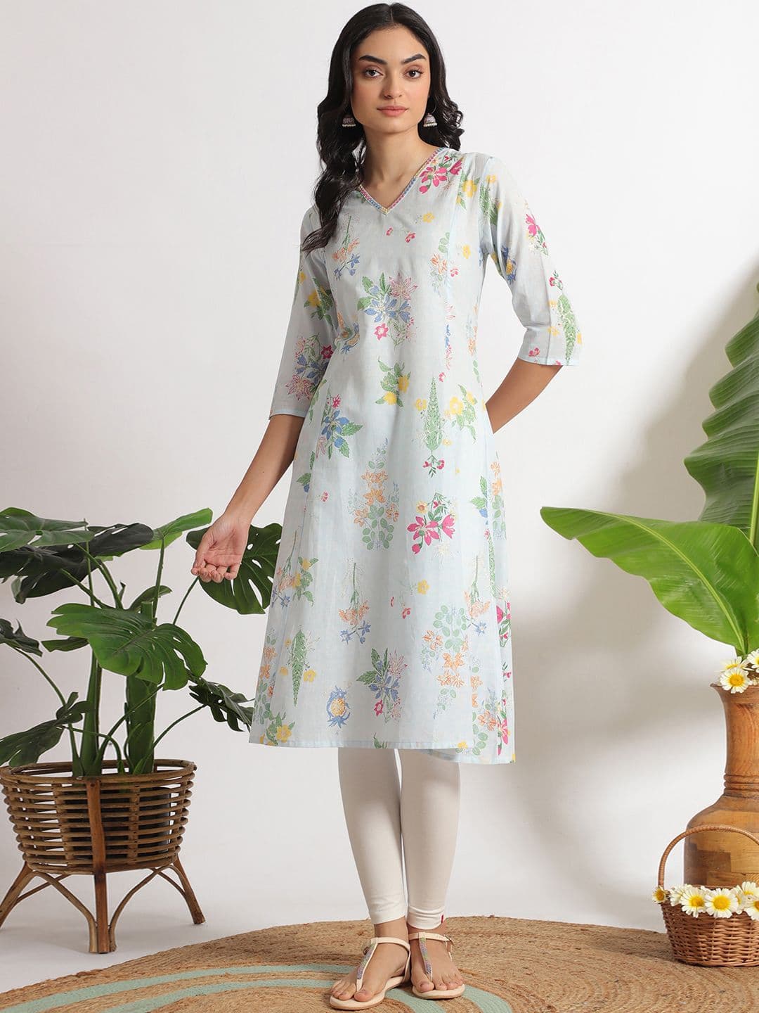 W Woman Light Blue Floral Printed A-line Pure Cotton Kurta & Leggings Set - view 1