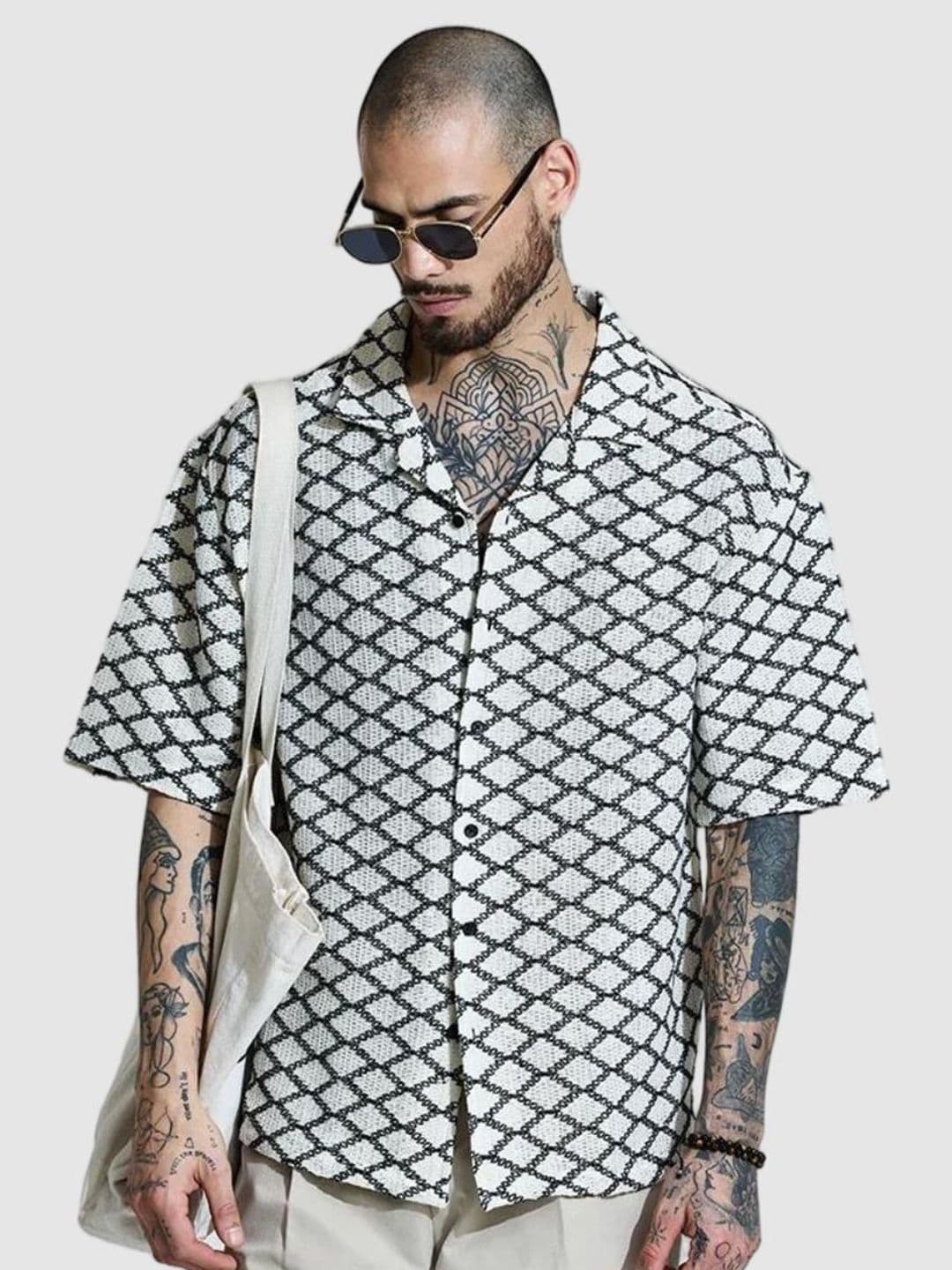 Snitch Men Relaxed Oversized Fit Cuban Collar Geometric Printed Cotton Casual Shirt - view 1