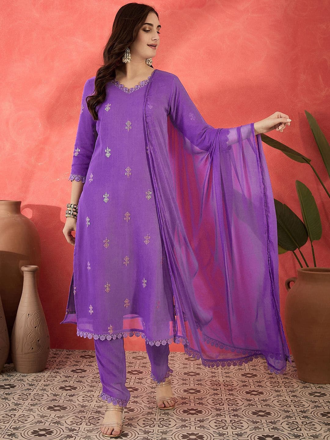 Sangria Floral Embroidered V-Neck Sequinned Straight Kurta Trousers & Dupatta - view 1