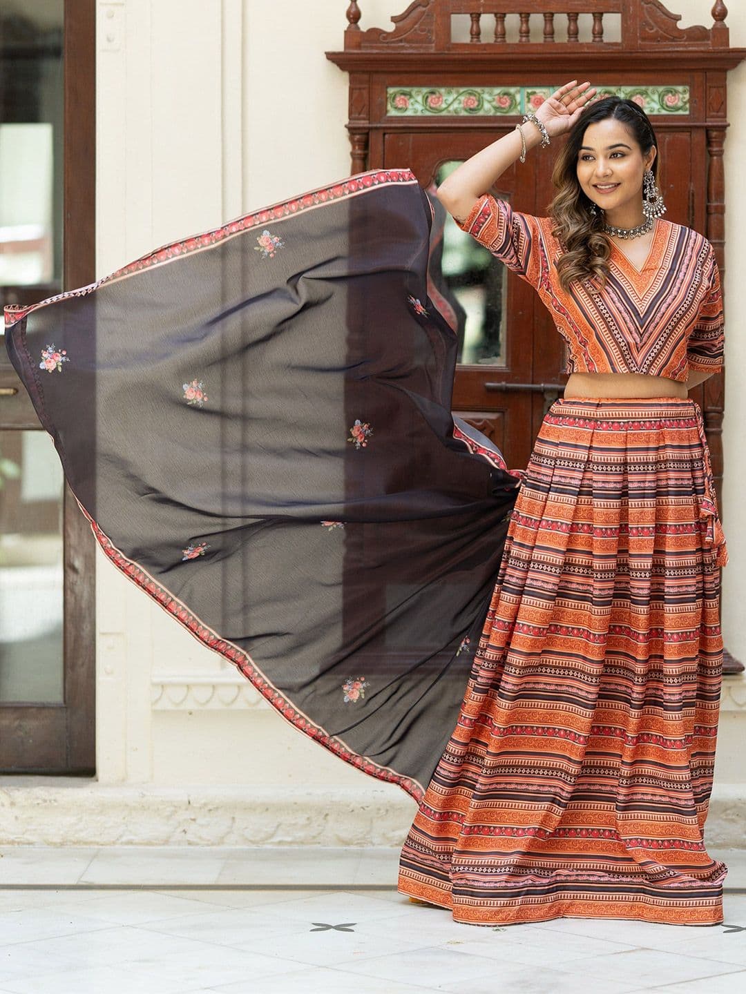 DIVASTRI Ethnic Motifs Printed Semi-Stitched Lehenga & Unstitched Blouse With Dupatta - view 1