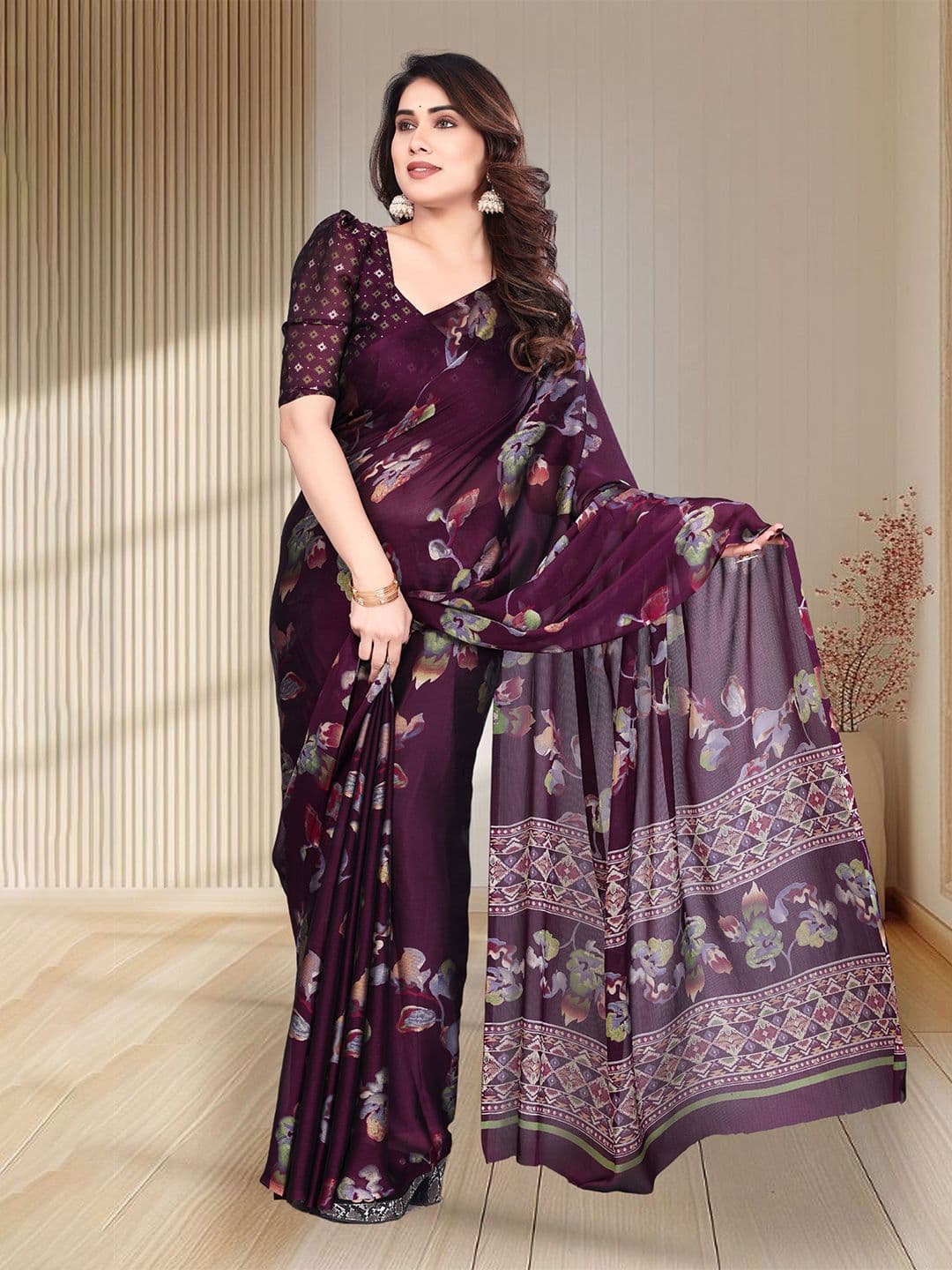 SUPERLAXMI Pure Chiffon Floral Printed Saree With Unstitched Blouse Piece - view 1