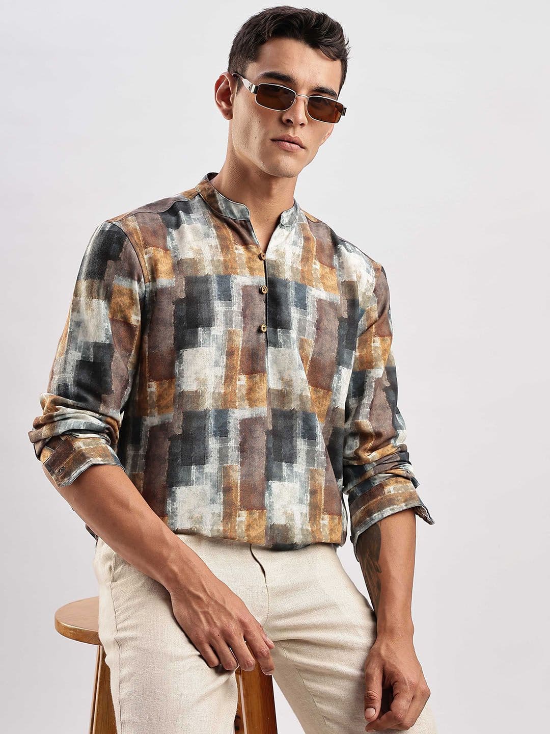HERE&NOW Abstract Printed Mandarin Collar Straight Kurta - view 1