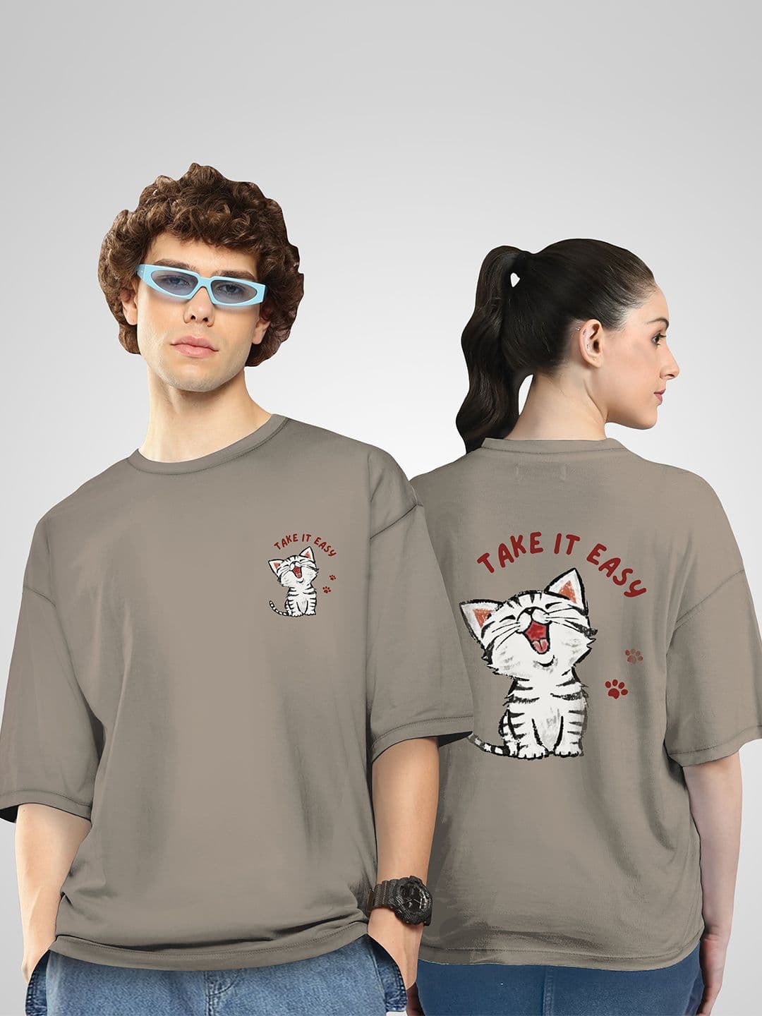 BAESD Unisex Twistform Twinny Zone Pack Of 2 EasyCat Printed Cotton Oversized T-shirts - view 1