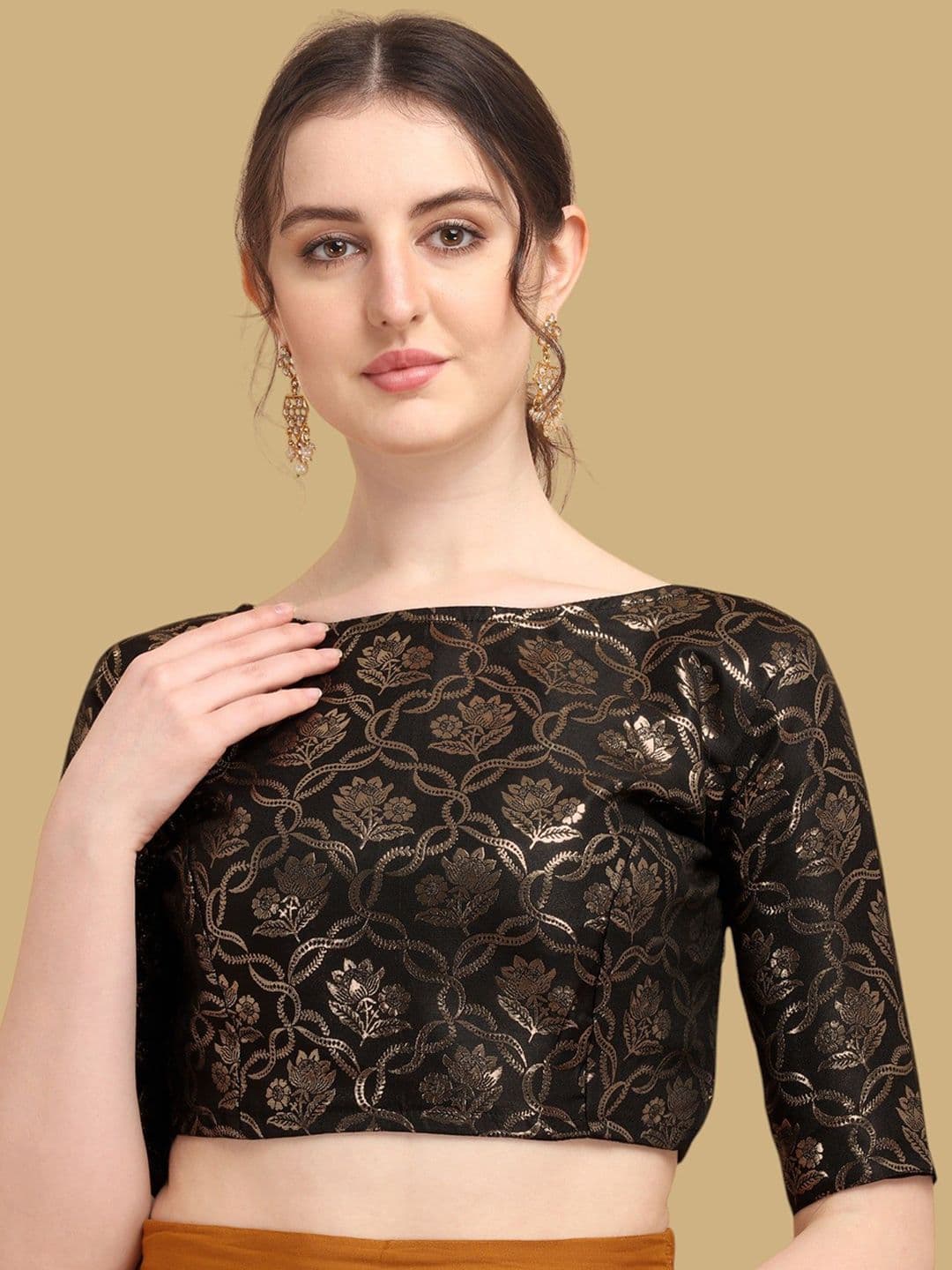 Oomph! Woven Design Zari Boat Neck Jacquard Saree Blouse - view 1