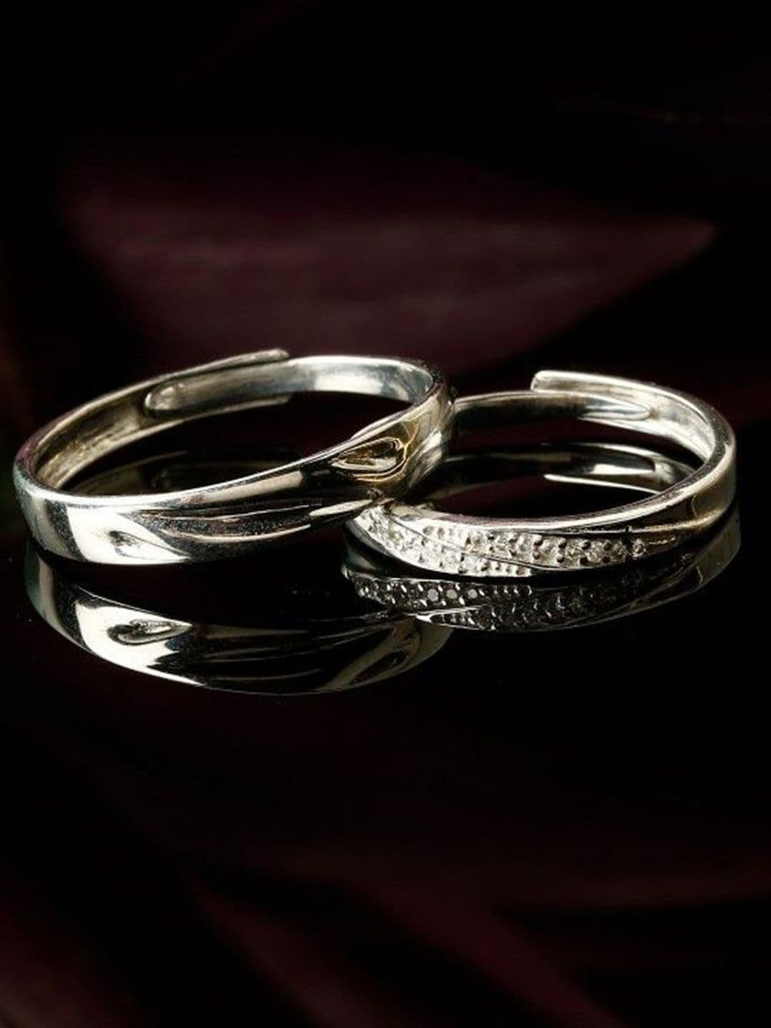 PASU FASHION Set Of 2 Silver Plated Crystals Stones Studded Adjustable Couple Finger Rings