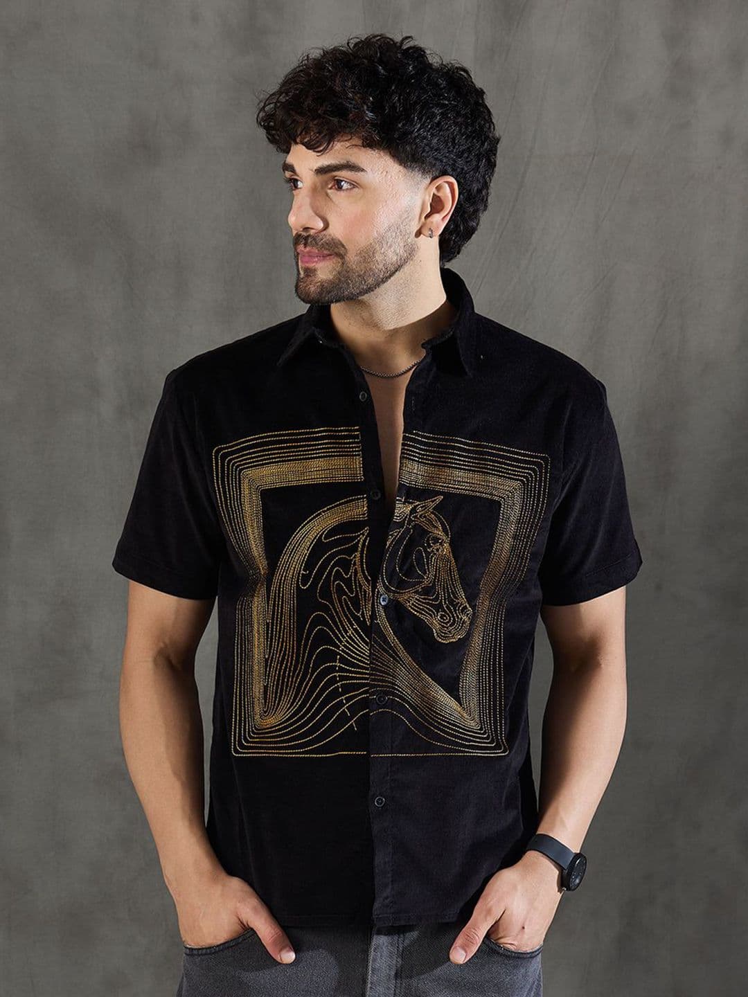 FUGAZEE Men Animal Printed Spread Collar Casual Corduroy Shirt - view 1
